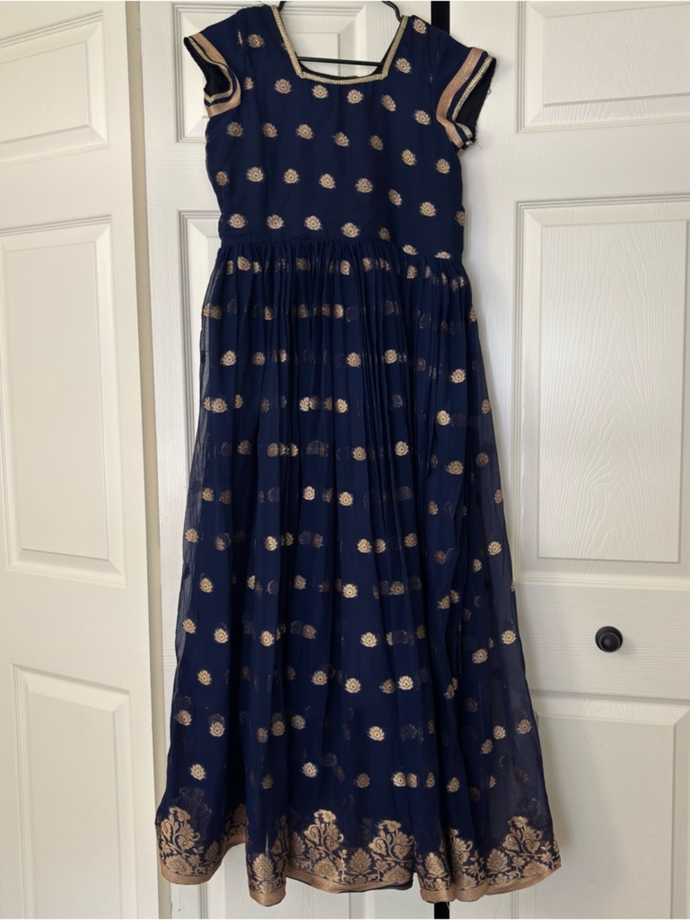 Elegant Navy and Gold Embroidered Maxi Dress